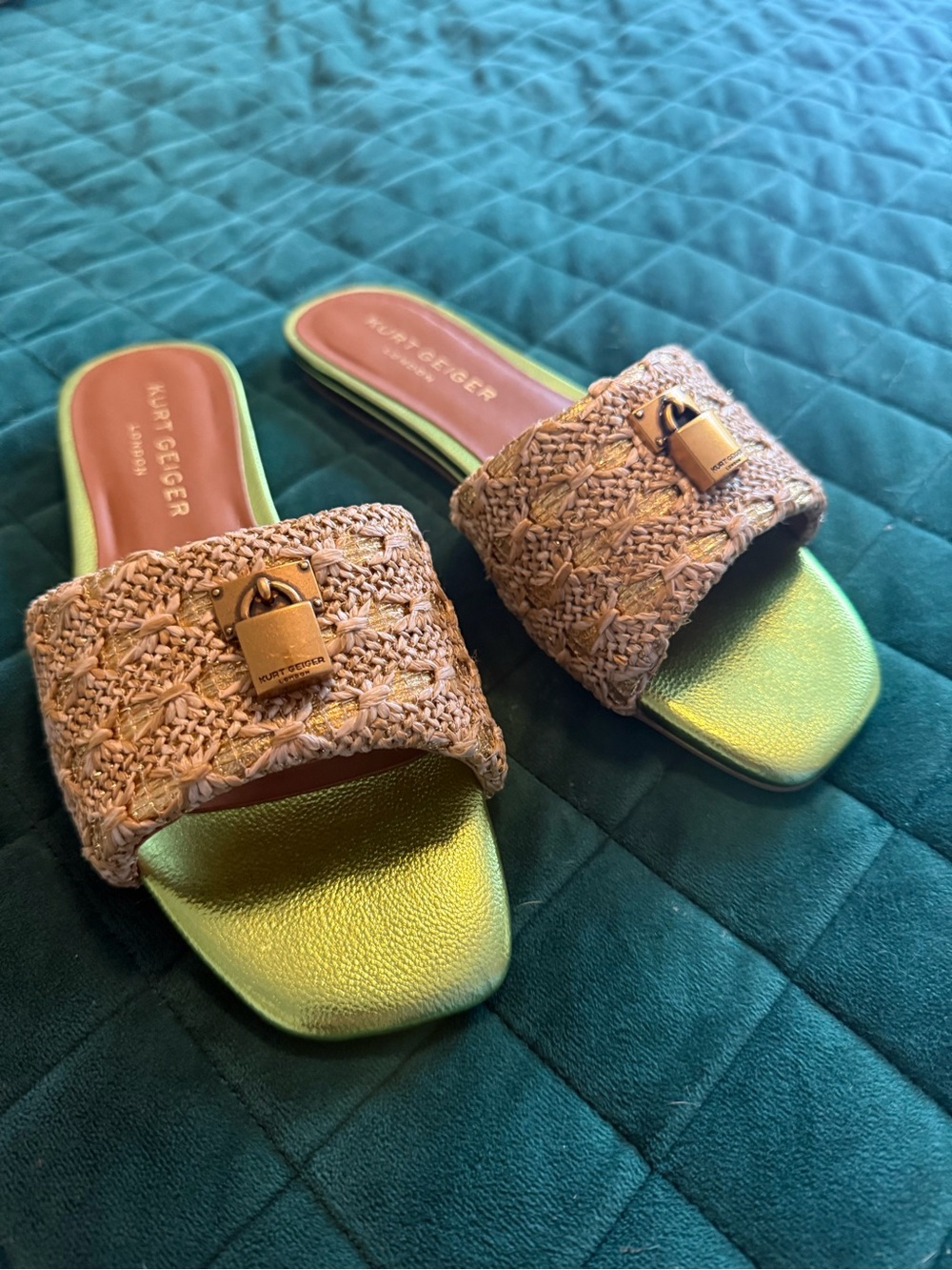 Kurt Geiger Metallic Lime Green and Good Sandals with Natural Woven